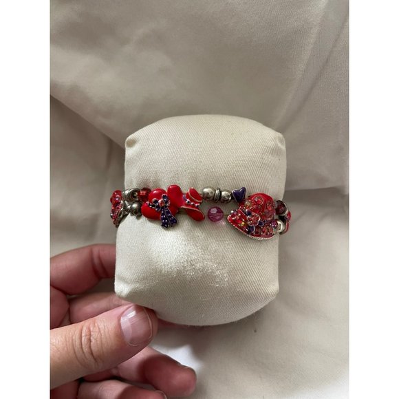 Vintage Silver Tone/Red/Purple Enamel Rhinestone Hat Charm/Bead Stretch Bracelet - Picture 4 of 12